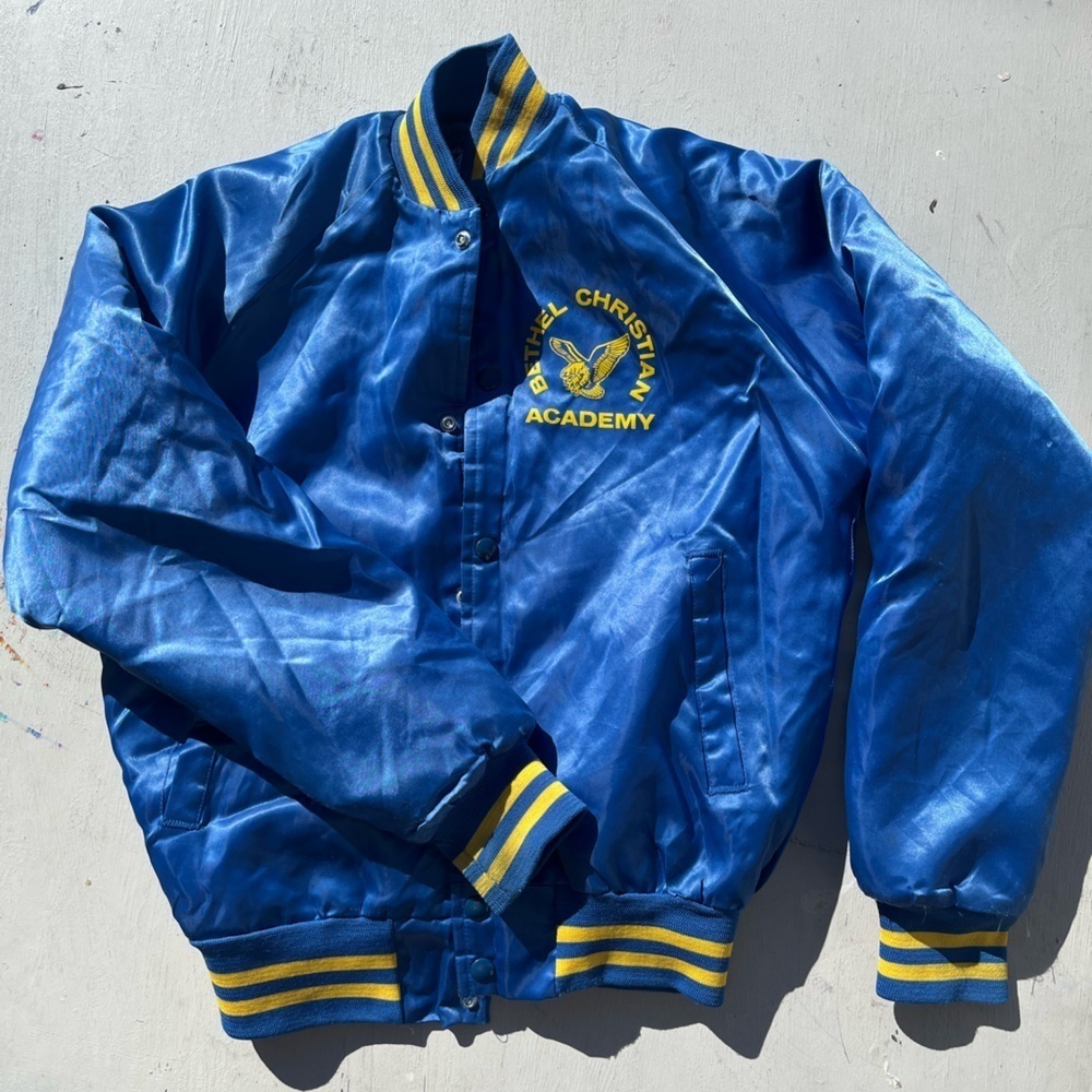Men's Vintage‎ NASCO Jacket Blue Christian Academy L Lined 80s Snap Bomber Vinyl
